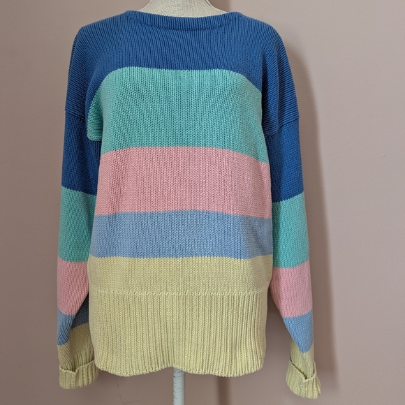 💙 Vintage Ralph Lauren Spring 1987 Cotton Unisex Multicolor Striped Sweater, M - Picture 3 of 16